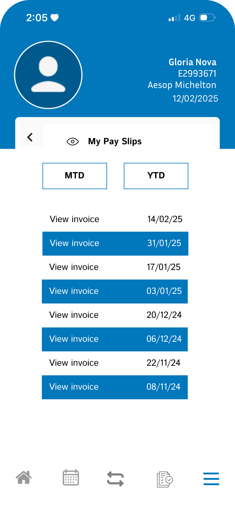 Mobile banking app screen showing user details, current date, and a list of invoices with options to view each invoice by date.