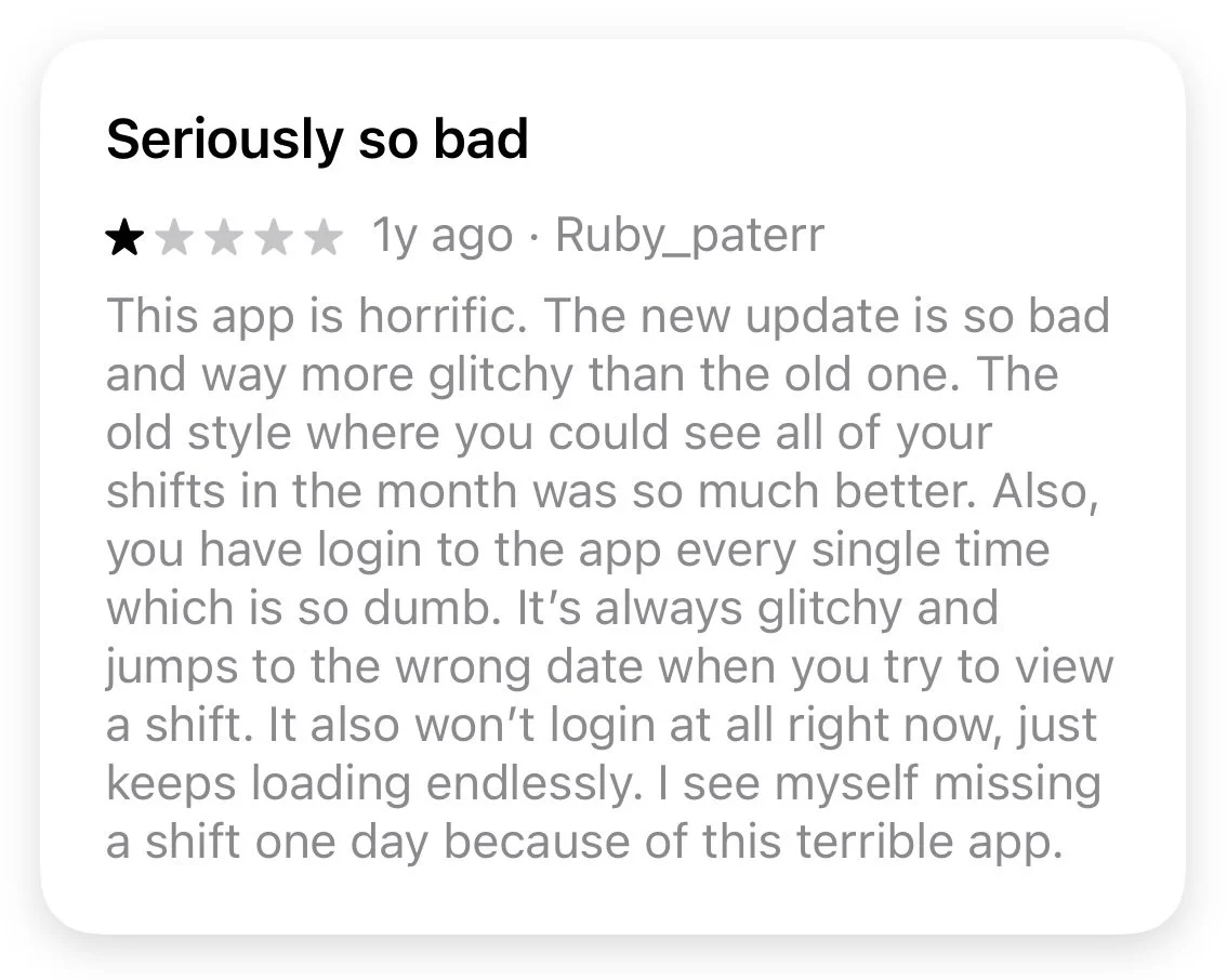 Screenshot of a negative app review titled 'Seriously so bad' with a 1-star rating, criticizing the app's glitches, login issues, and poor updates.