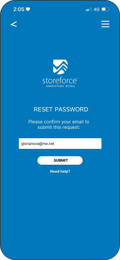 Mobile screen showing storeforce app with a password reset form, including an email input and submit button.