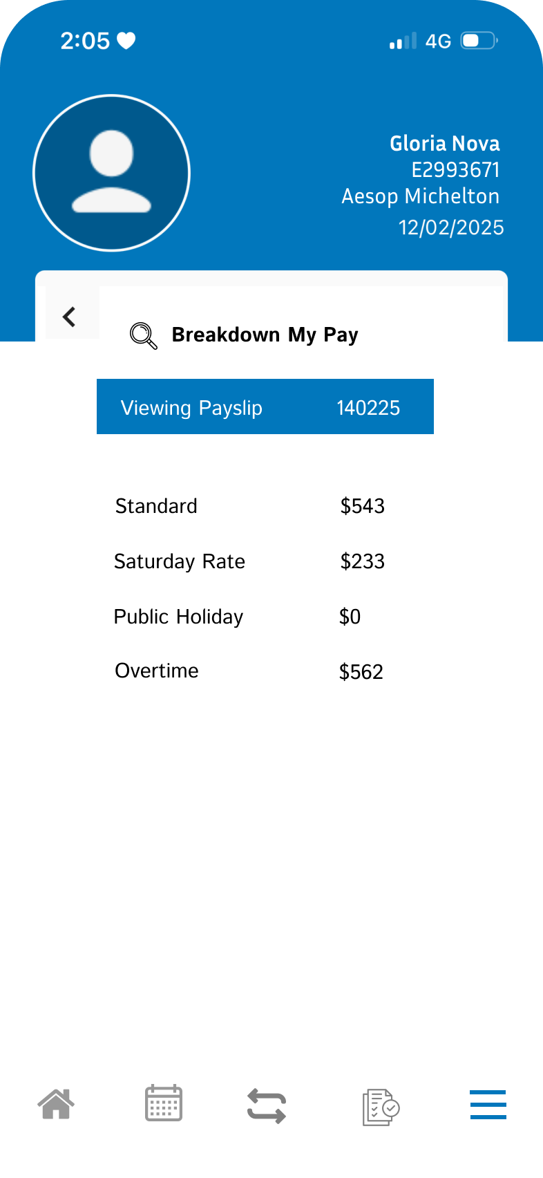 Mobile banking app screen showing pay breakdown details for Gloria Nova, including standard pay, Saturday rate, public holiday, and overtime pay.