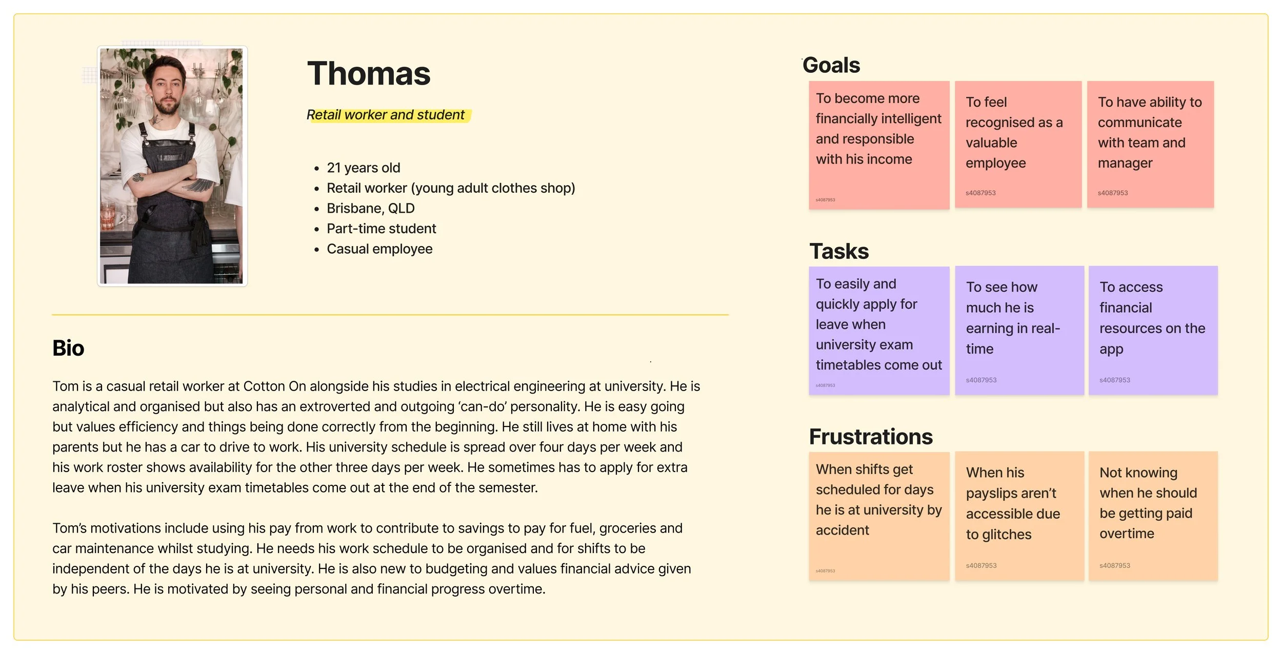 A digital profile of a young man named Thomas, a retail worker and student. The profile includes a photo of Thomas in work attire, personal details, goals, tasks, a bio, and notes on frustrations.