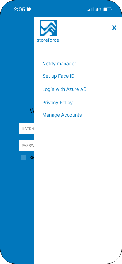 Mobile app screen showing a sidebar menu for Storeforce with options like Notify manager, Set up Face ID, Login with Azure AD, Privacy Policy, and Manage Accounts, over a blurred background with login fields.