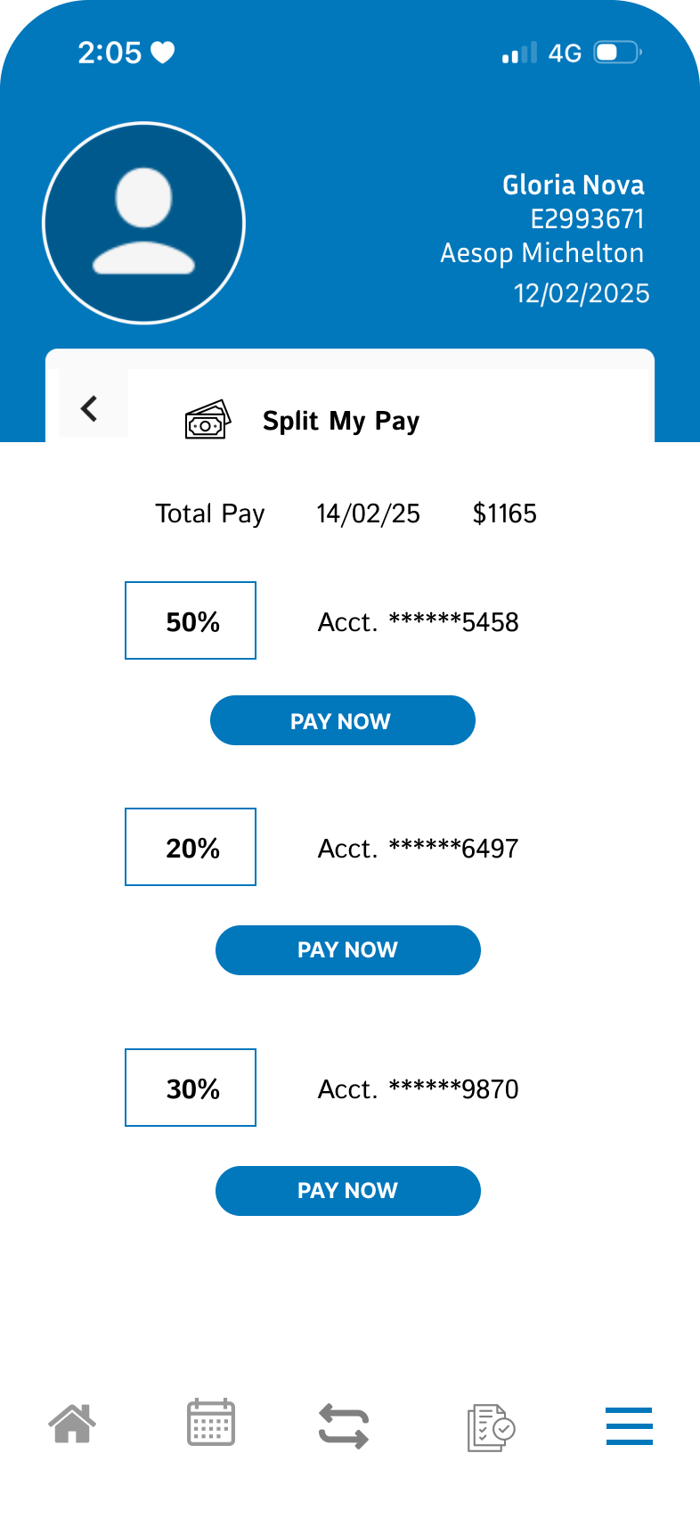 Screenshot of a mobile app showing a payment split interface with options to pay different percentages from different bank accounts, with a blue "Pay Now" button and a blue top bar displaying the time, battery, and network status.