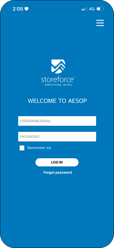 Mobile app login screen for Storeforce featuring a blue background, Storeforce logo, and login fields for username and password.