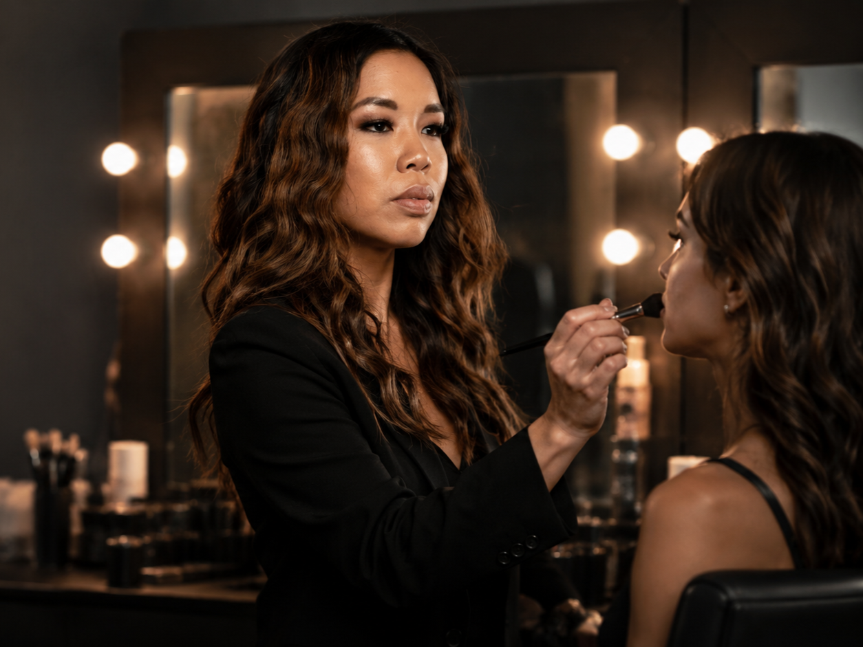 Makeup artist applying makeup to a woman in a salon with illuminated mirror lights
