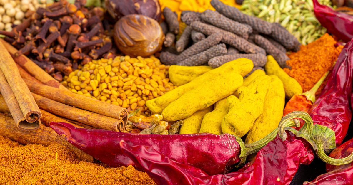 Close-up of dried red chillies, cinnamon, cloves, turmeric and other whole spices.