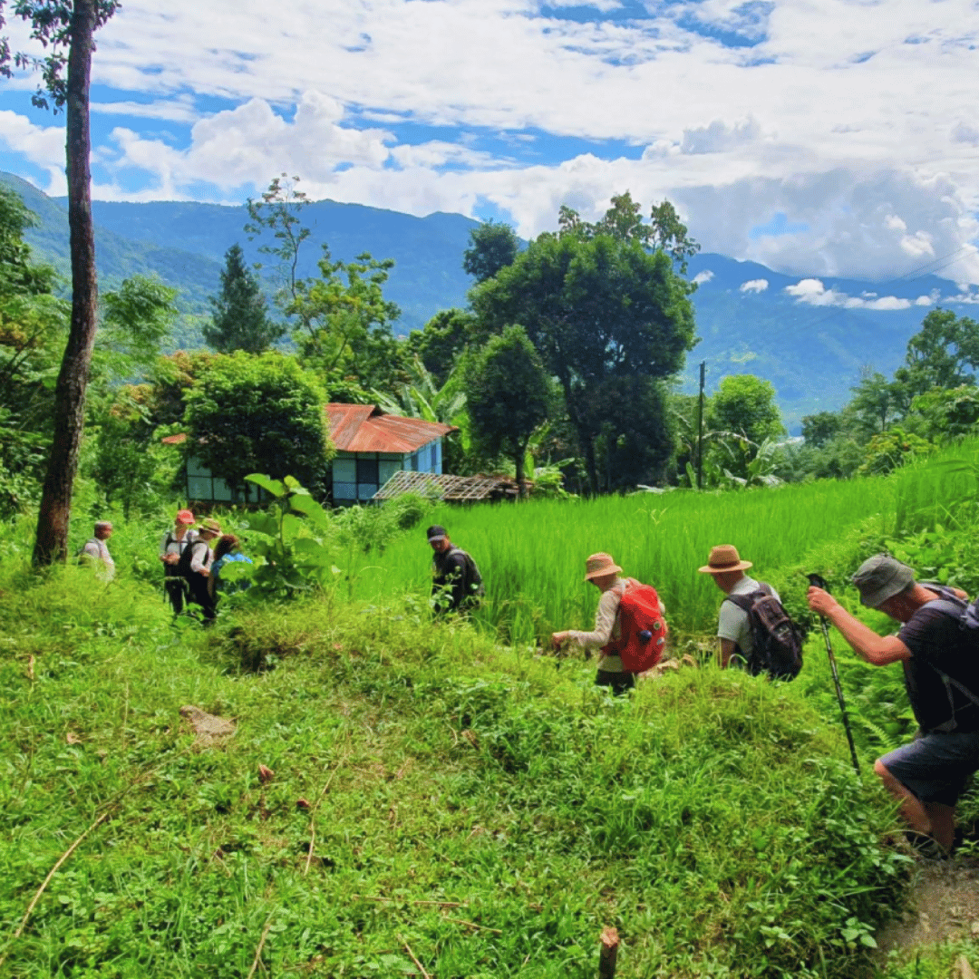 Group of hikers walking through a lush green landscape, with mountains and a rustic house in the background under a partly cloudy sky.