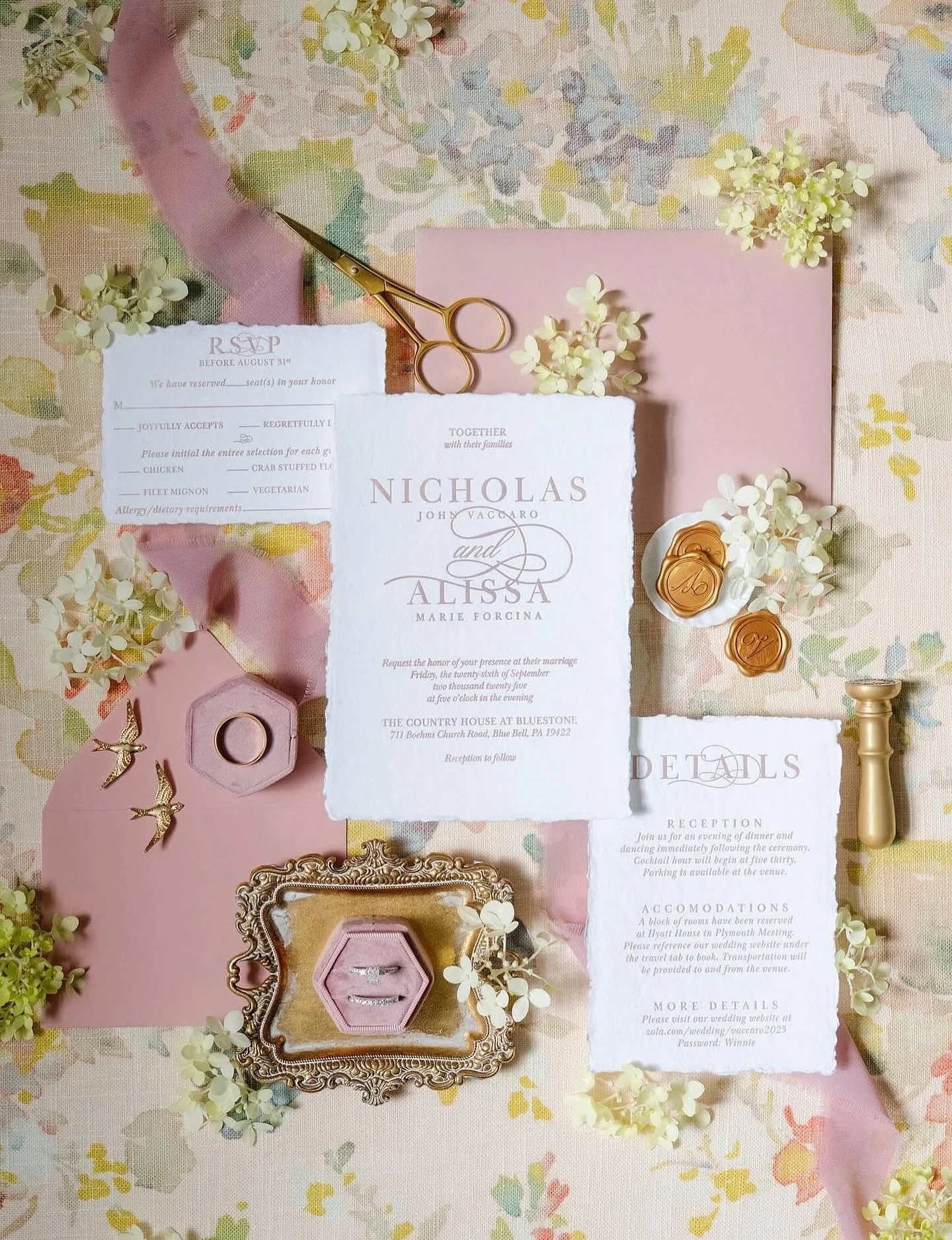 soft torn edges, muted blush tones, and golden touches, a suite that feels as romantic as the day itself 💌

one of my first ever brides got married who also happens to be a talented graphic designer 🫶🏻 congratulations to the Vaccaro&rsquo;s! 💕 

