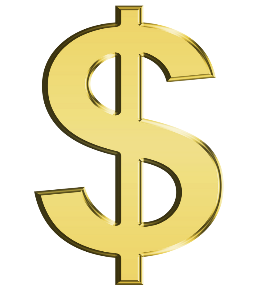 Une pièce de monnaie en forme de symbole dollar en or avec un fond blanc.