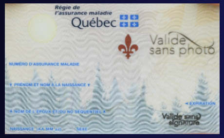 Carte d'assurance maladie du Québec avec des informations fictives et une mention 'Valide sans photo'.