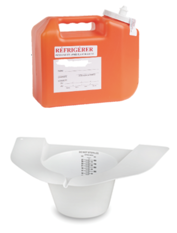 Un récipient orange pour liquide de refroidissement avec une étiquette en français, et un entonnoir blanc avec une graduation pour le remplissage.