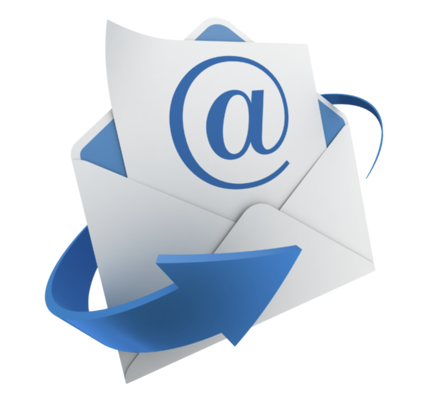 Une enveloppe blanche contenant une feuille avec le symbole @ en bleu, entourée d'une flèche bleue circulaire.