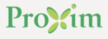 Logo de Proxim, avec le nom en vert et un symbole de papillon stylisé en vert.