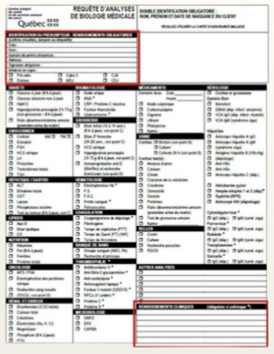 Formulaire d'analyse de biologie médicale de Québec, avec sections pour informations personnelles, résultats d'analyses, et observations, encadré en rouge.