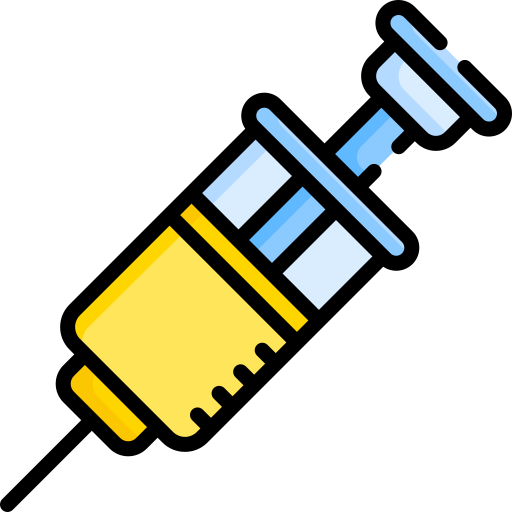 Illustration d'une seringue médicale avec une aiguille tranchée, colorée en jaune, bleu et blanc.