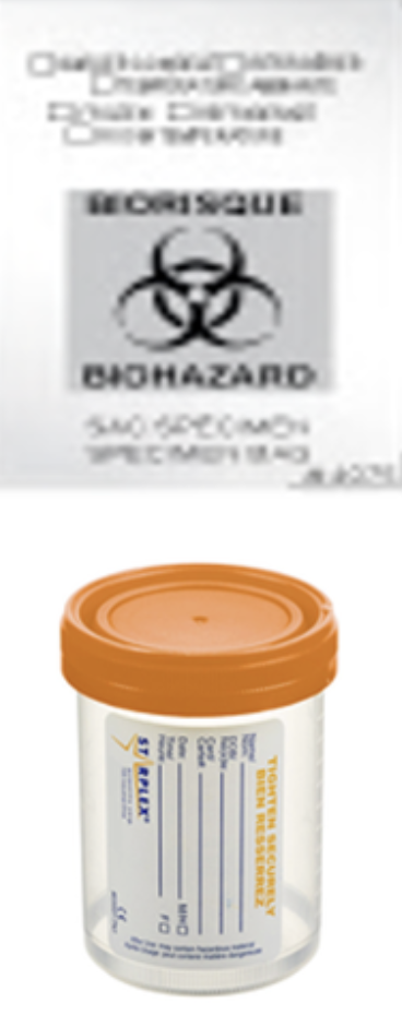 Une bouteille de laboratoire avec un étiquetage blanc et orange et un certificat médical au-dessus avec un symbole de danger biologique