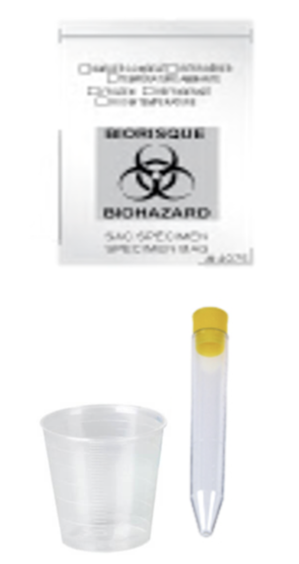 Tube à essai avec un couvercle jaune, gobelet en plastique transparent, affiche signalant un risque biologique et biohazard.