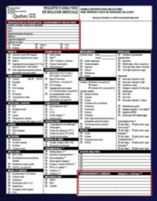 Formulaire médical pour l'analyse biologique avec sections détaillées et champs à remplir, en français.
