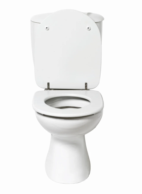 Toilettes blanches avec le couvercle relevé contre un fond blanc.