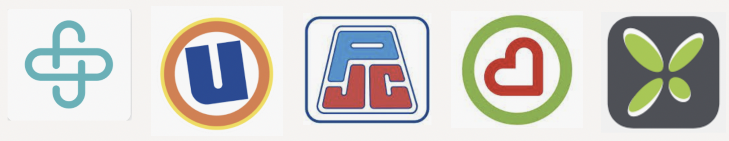 Image représentant cinq logos de différentes marques avec des symboles et des couleurs variées.