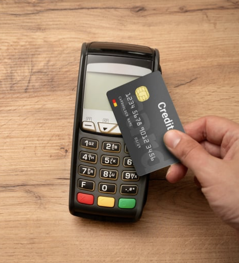 Main tenant une carte de crédit prête à être insérée dans un terminal de paiement