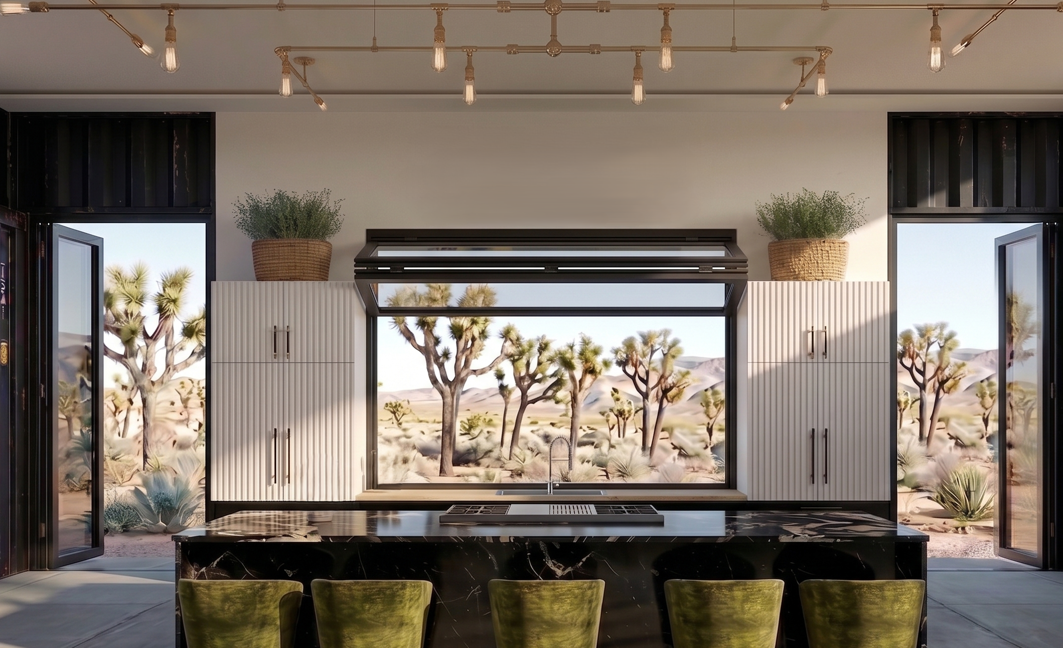 Modern kitchen with large open window framing desert landscape with Joshua trees, black and white kitchen cabinets, and green chairs at a black marble island.
