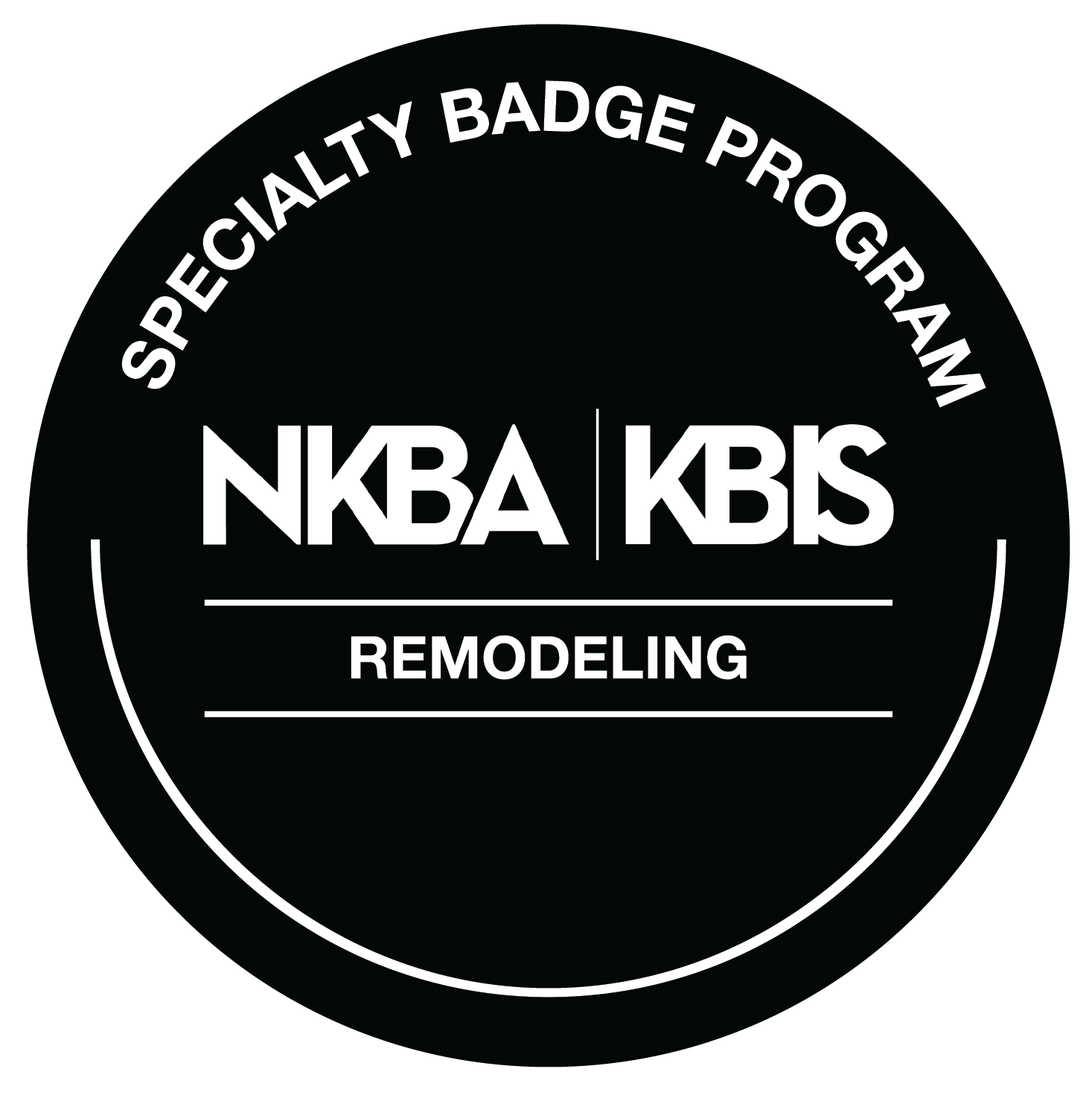 Black circular badge with white text reading 'Specialty Badge Program,' 'NKBA | K+BIS,' and 'Remodeling'.