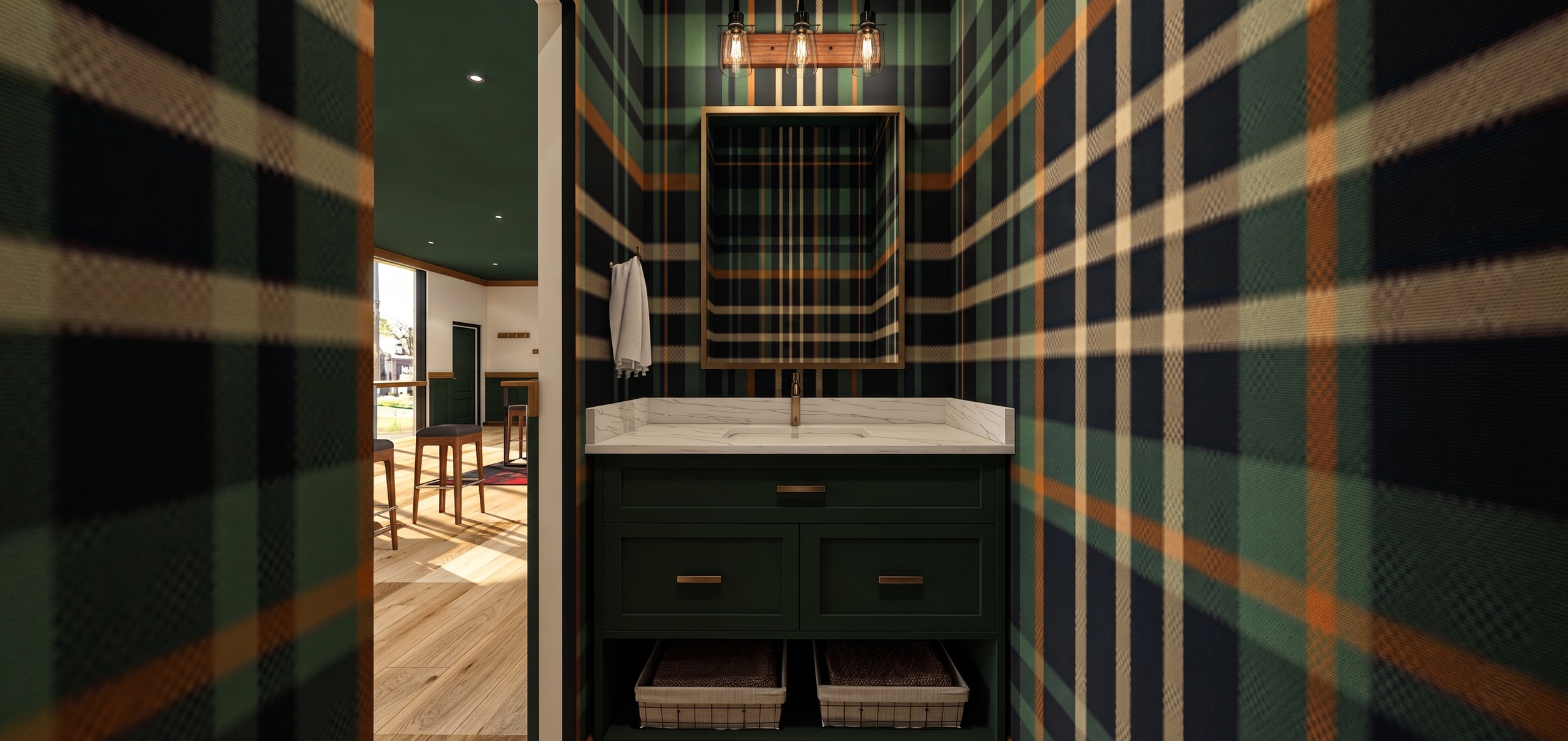 Interior view of a bathroom with green and plaid wallpaper, a white marble countertop with a sink, and a mirror above it. The bathroom has a wooden light fixture with multiple Edison bulbs and an open door leading to a living area with chairs and a w