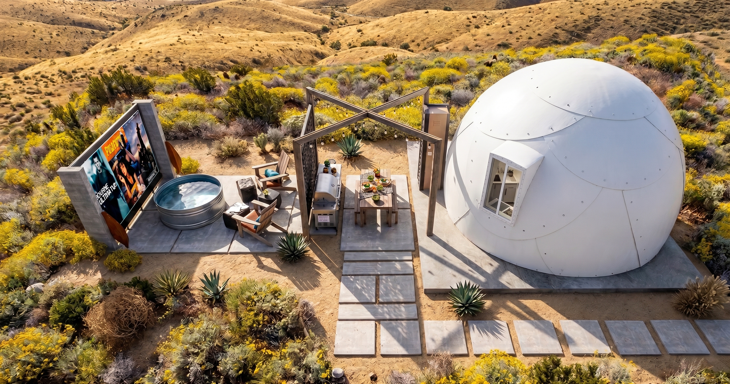 A desert landscape with yellow and green shrubs, featuring a modern outdoor seating area and a white dome-shaped structure, including a large flat-screen TV, a hot tub, a dining table, and various chairs.