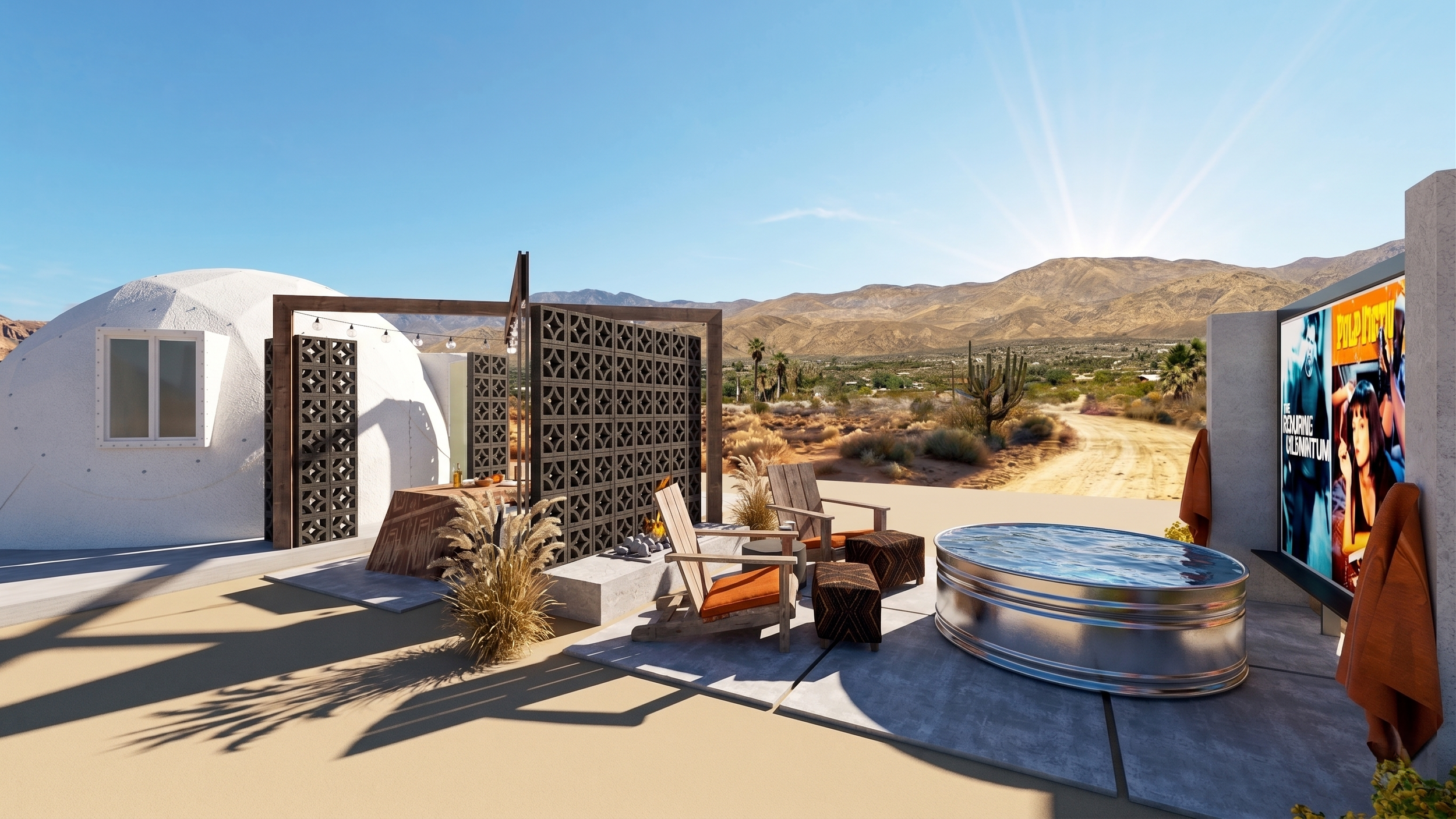 Outdoor patio with chairs, a round table, desert landscape with mountains and cacti in the background, and signs for a movie theater.