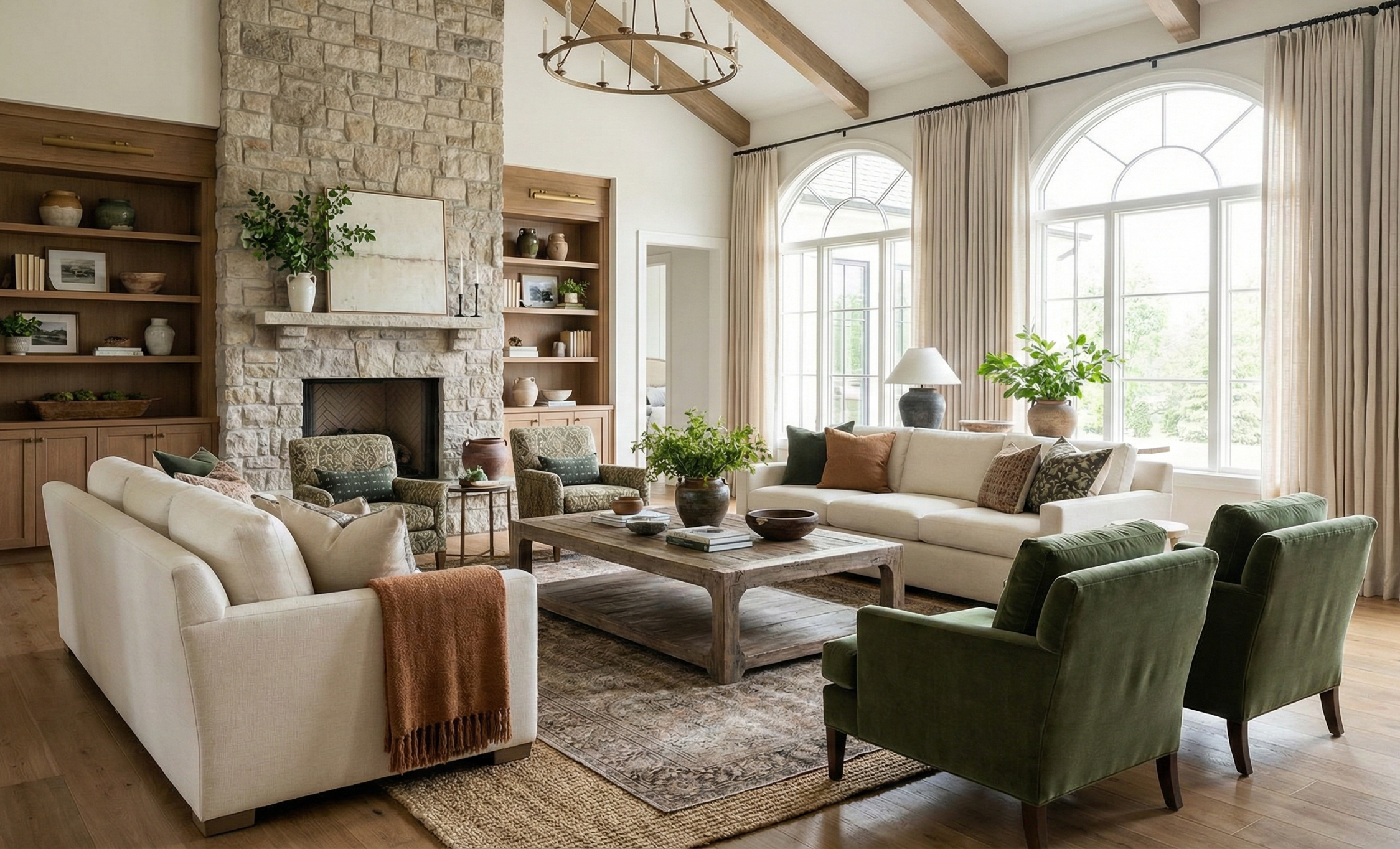 Living room with large arched windows, beige and green furniture, wooden coffee table, stone fireplace, built-in wooden bookshelves, and potted plants.