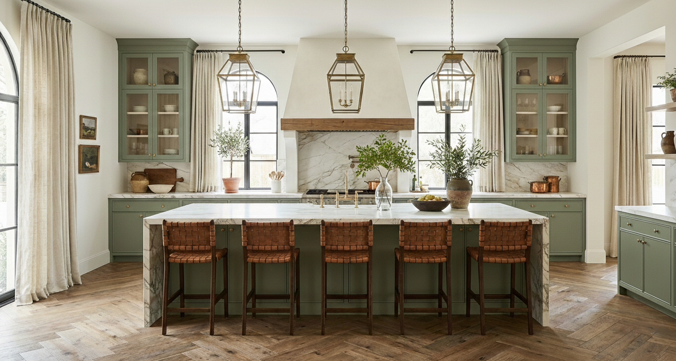 Kitchen with central island, five brown leather bar stools, sage green cabinets, marble countertops, large windows with cream curtains, and pendant lighting.