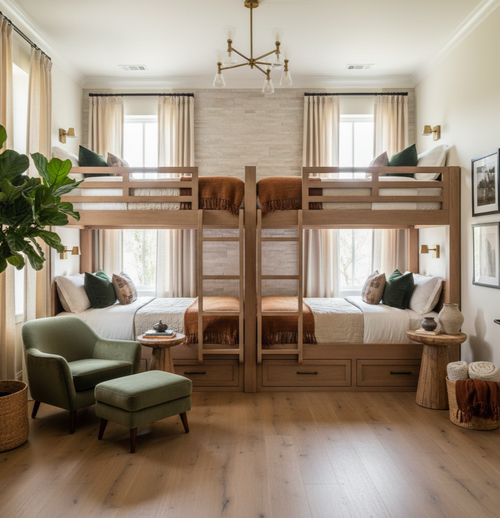 A room with two sets of bunk beds, a green armchair with an ottoman, side tables with decor, and framed pictures on the wall. The room features multiple windows with cream curtains and has a wooden floor with a light finish.