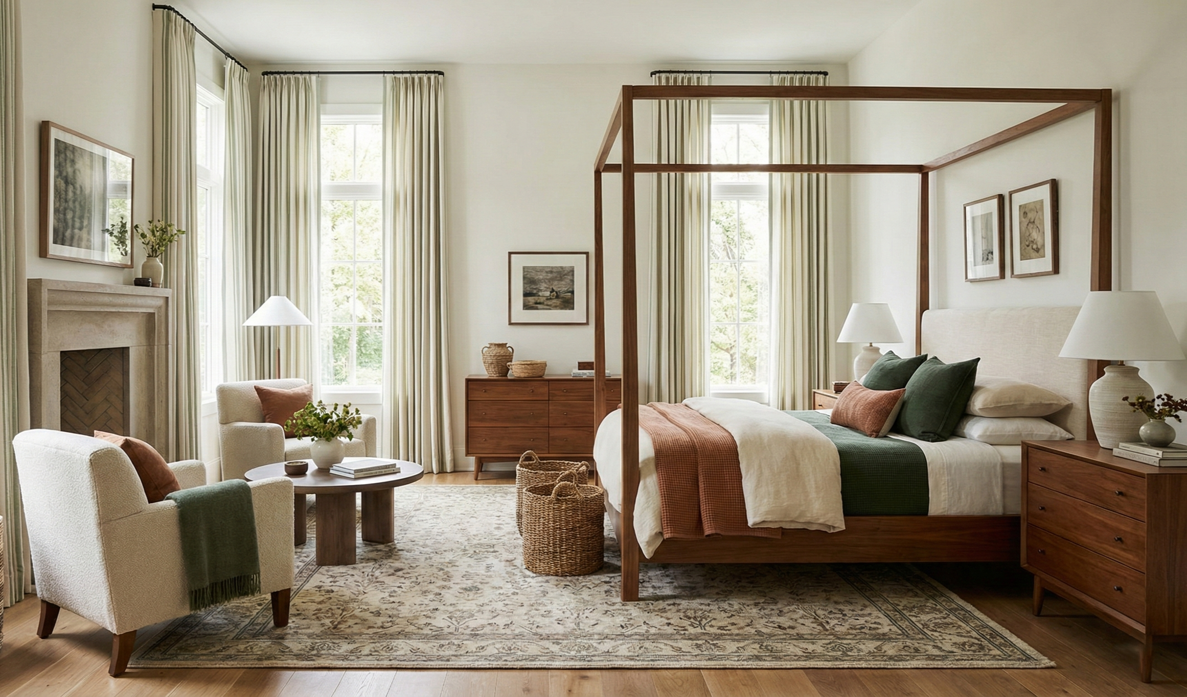 A spacious bedroom with a four-poster bed, wooden furniture, armchairs, potted plants, and large windows with cream-colored curtains, decorated in a cozy, neutral palette.