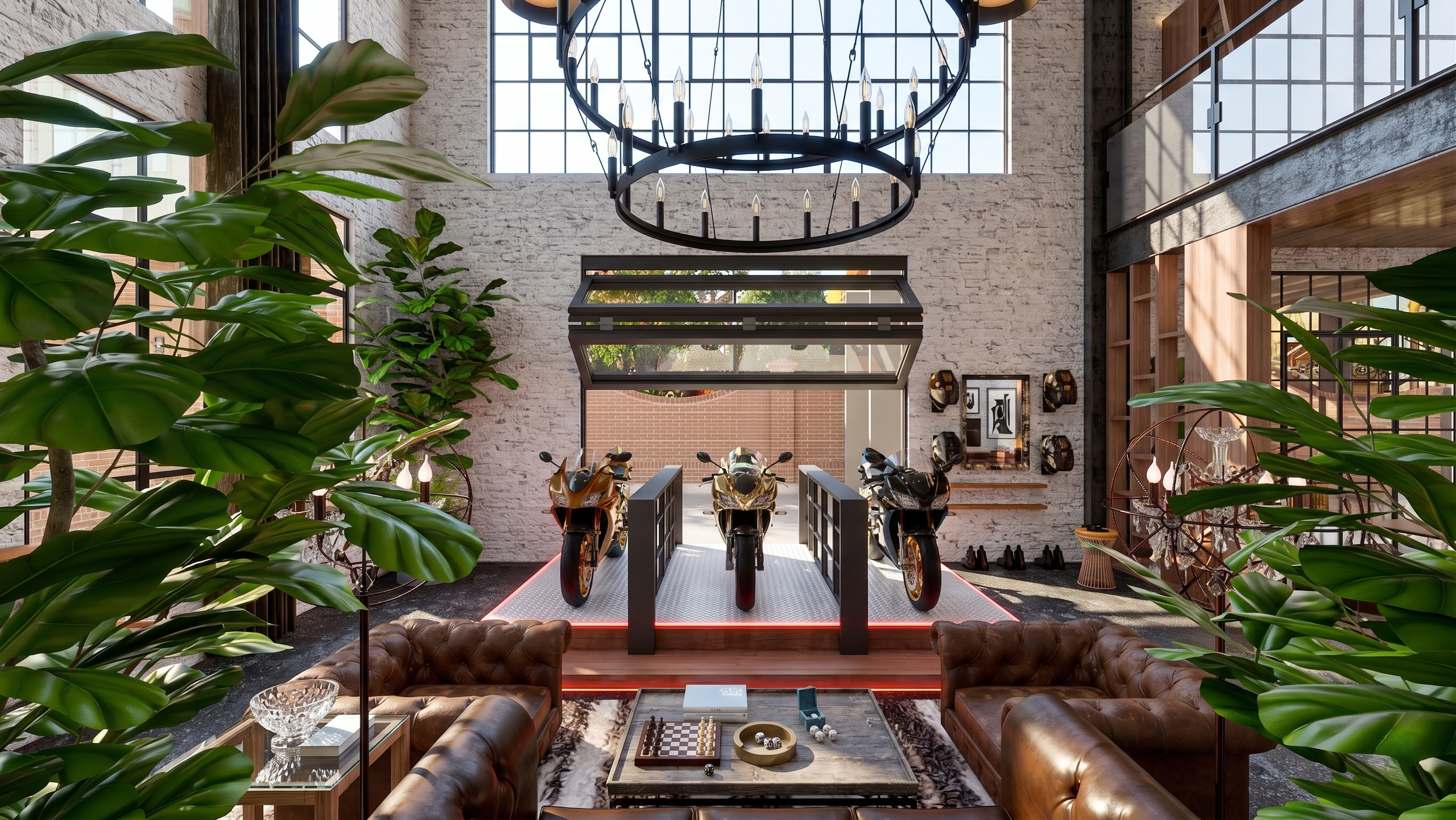 Interior view of a modern industrial-style garage with a high ceiling, large windows, a chandelier, indoor plants, leather sofas, a coffee table with a chess set, and three motorcycles parked inside.