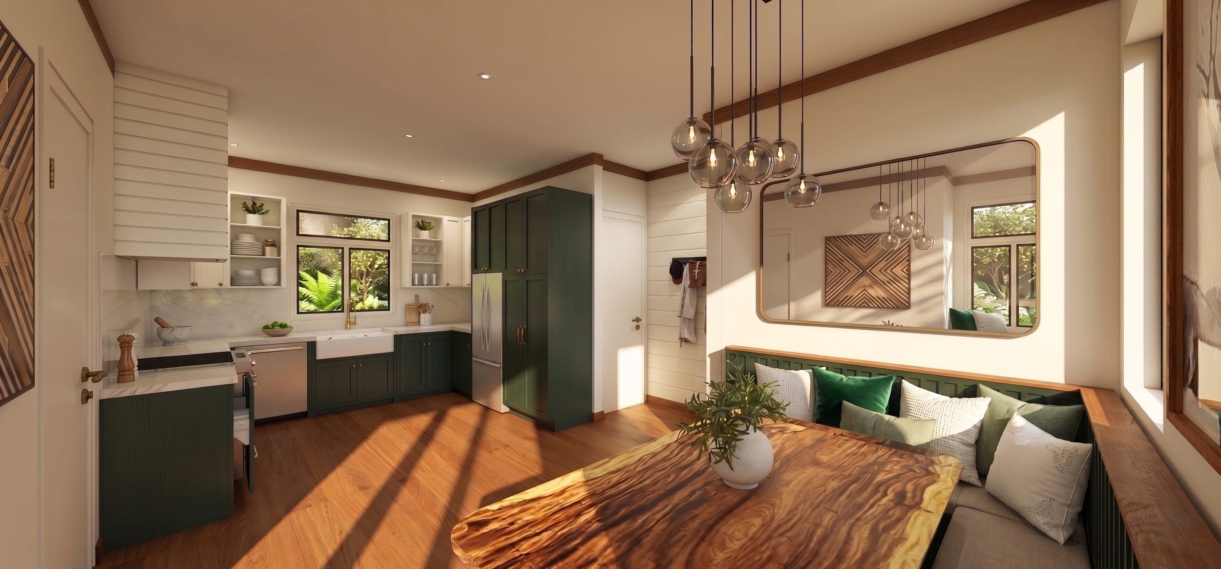 A modern kitchen and living space with white walls, wood accents, green cabinets, a dining table with a natural wood finish, and a seating area with cushions near large windows.