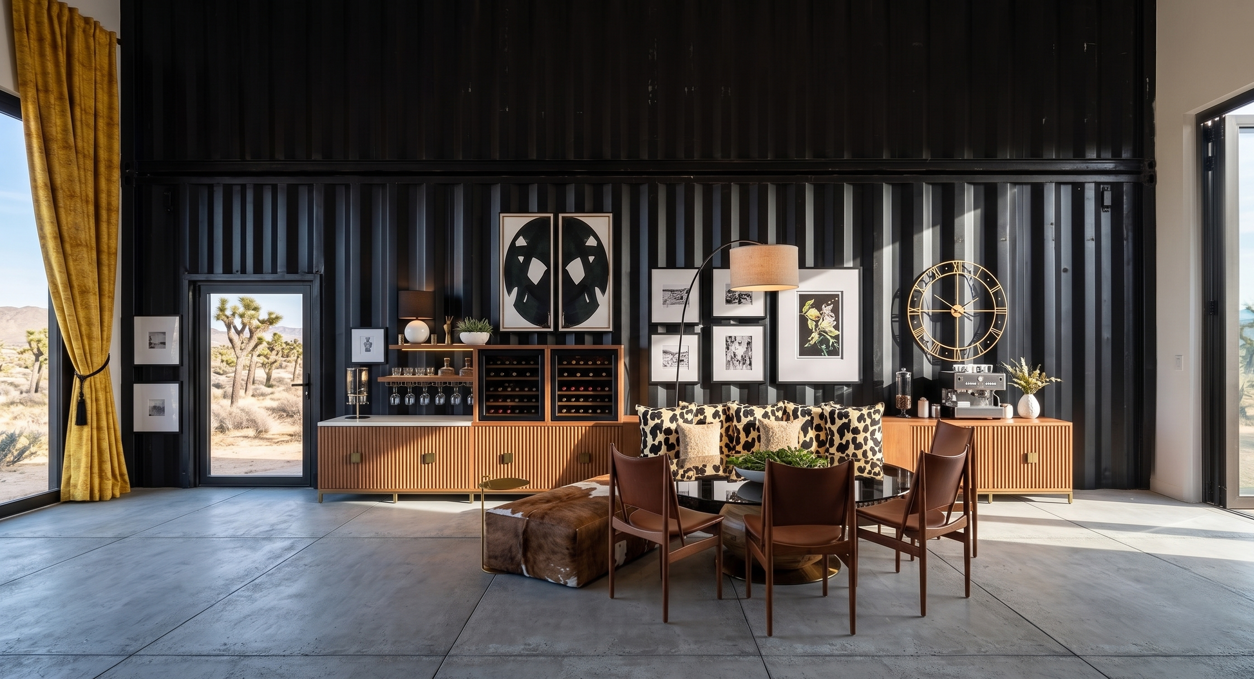 Interior living room with black corrugated metal wall, mustard curtains, framed art, a wine rack, and a round dining table with leopard print chairs, overlooking desert landscape.