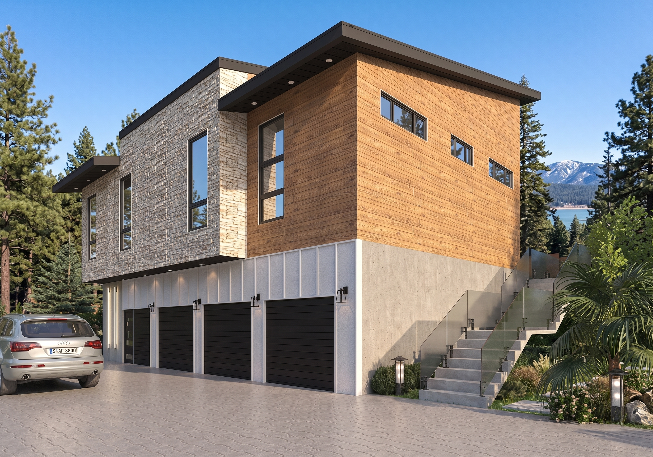 Modern multi-story house with stone and wood exterior, large windows, and garage doors, surrounded by trees and a mountain landscape in the background, with a white car parked in the driveway.