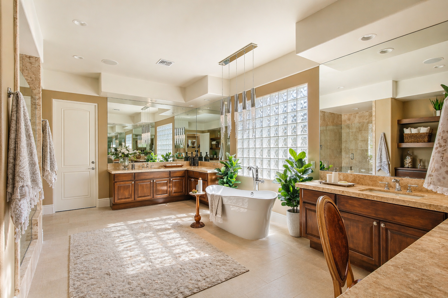 Bright bathroom with large mirror, bathtub, double sink vanity, glass block window, and wooden cabinetry.