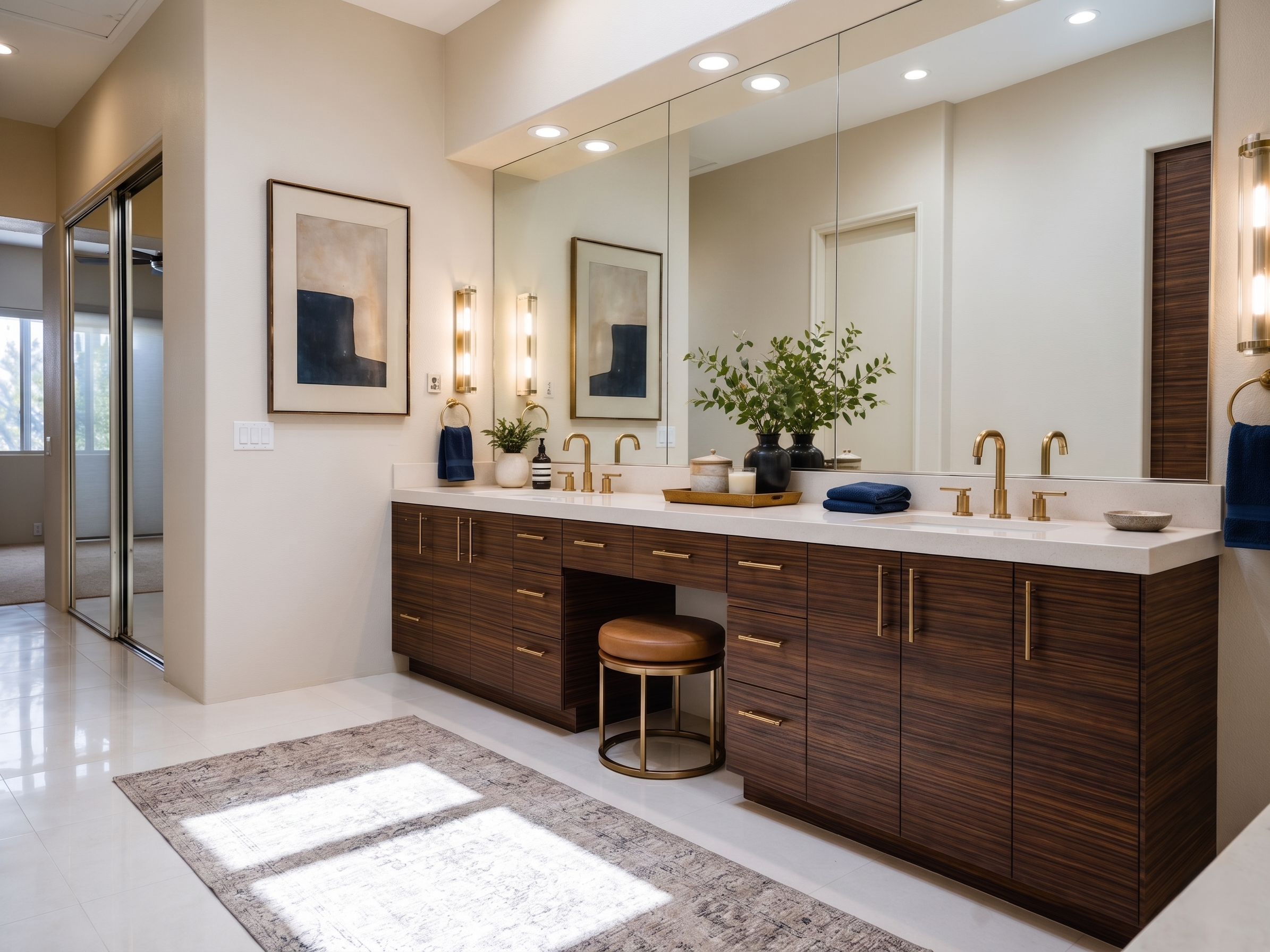 Modern bathroom with a large mirror, double sinks with gold fixtures, wooden cabinetry, framed artwork, decorative plants, and a small stool.