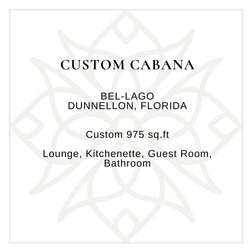 Floor plan or brochure for a custom cabana in Bel-Lago, Dunnellon, Florida. Describes a 975 square foot space with lounge, kitchenette, guest room, and bathroom.