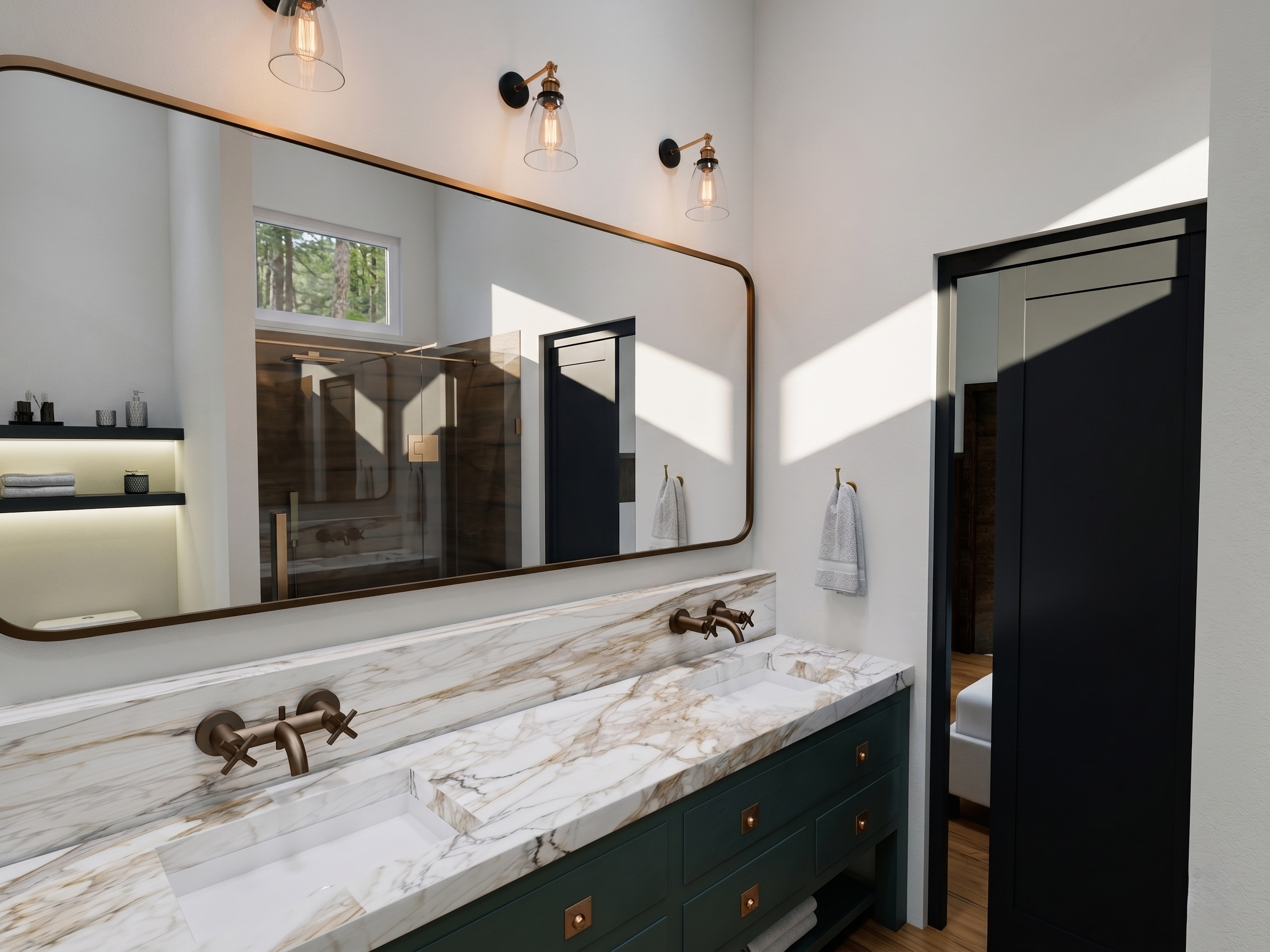 Modern bathroom with a white marble countertop and dark green cabinetry, large mirror, wall-mounted bronze faucet, white towels hanging on hooks, and a black door frame. Also features wall-mounted light fixtures and a window showing trees outside.