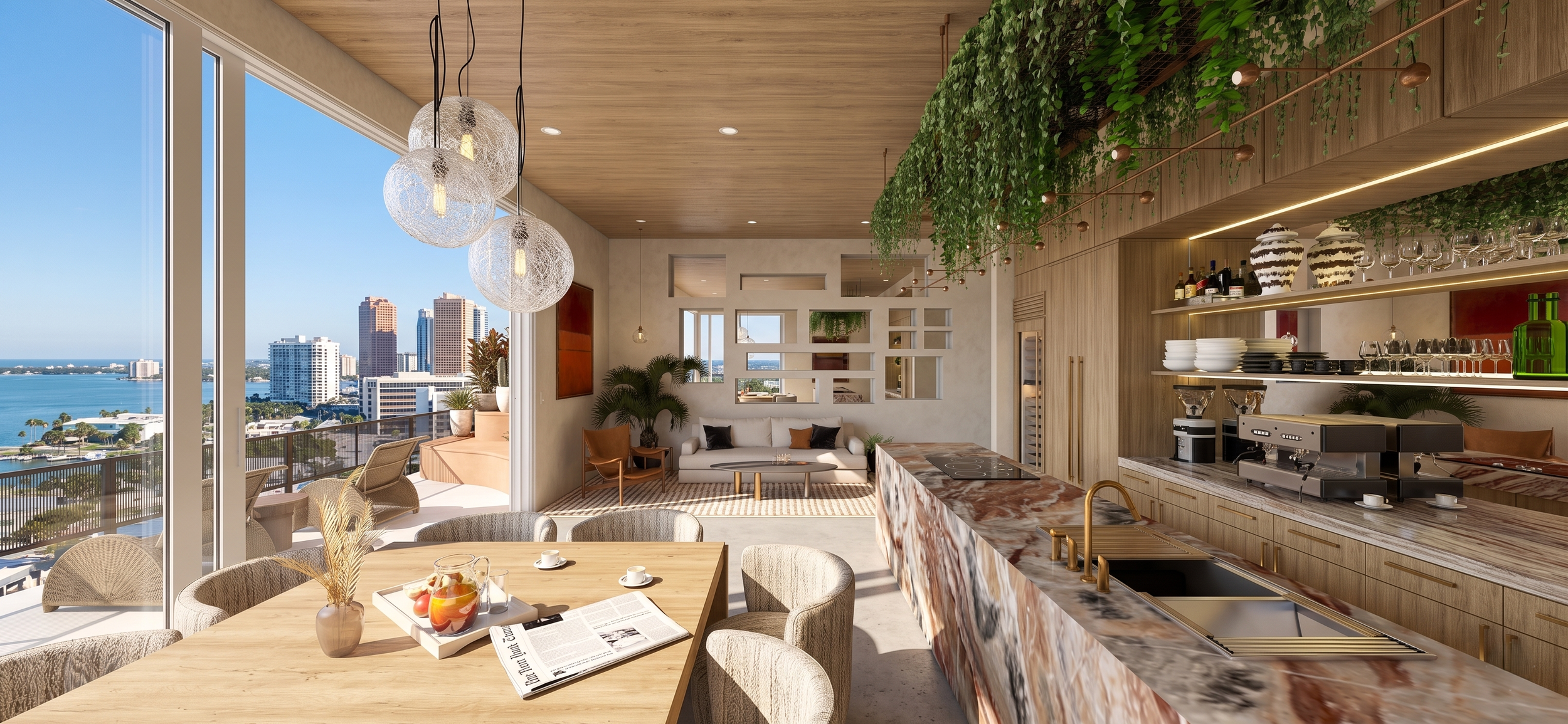 Modern apartment interior with a dining area, a living room with a sofa, and an open kitchen with a marble countertop, overlooking a city skyline and water view through large windows.