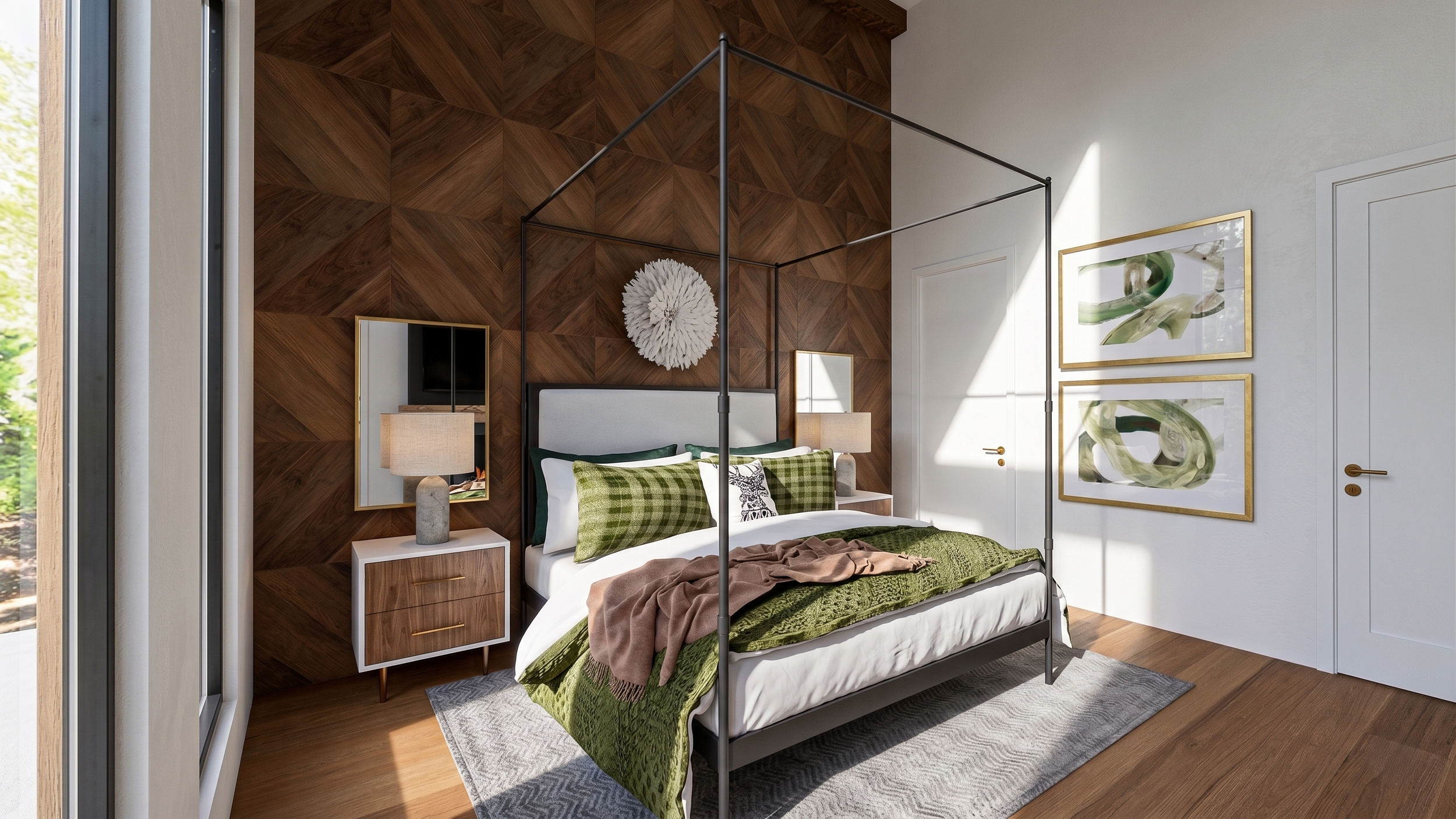 A bedroom with a modern design. It has a four-poster bed with white bedding, green and patterned pillows, a green blanket, and a brown throw. The accent wall behind the bed is textured wood. There are two white nightstands with lamps, and two small m