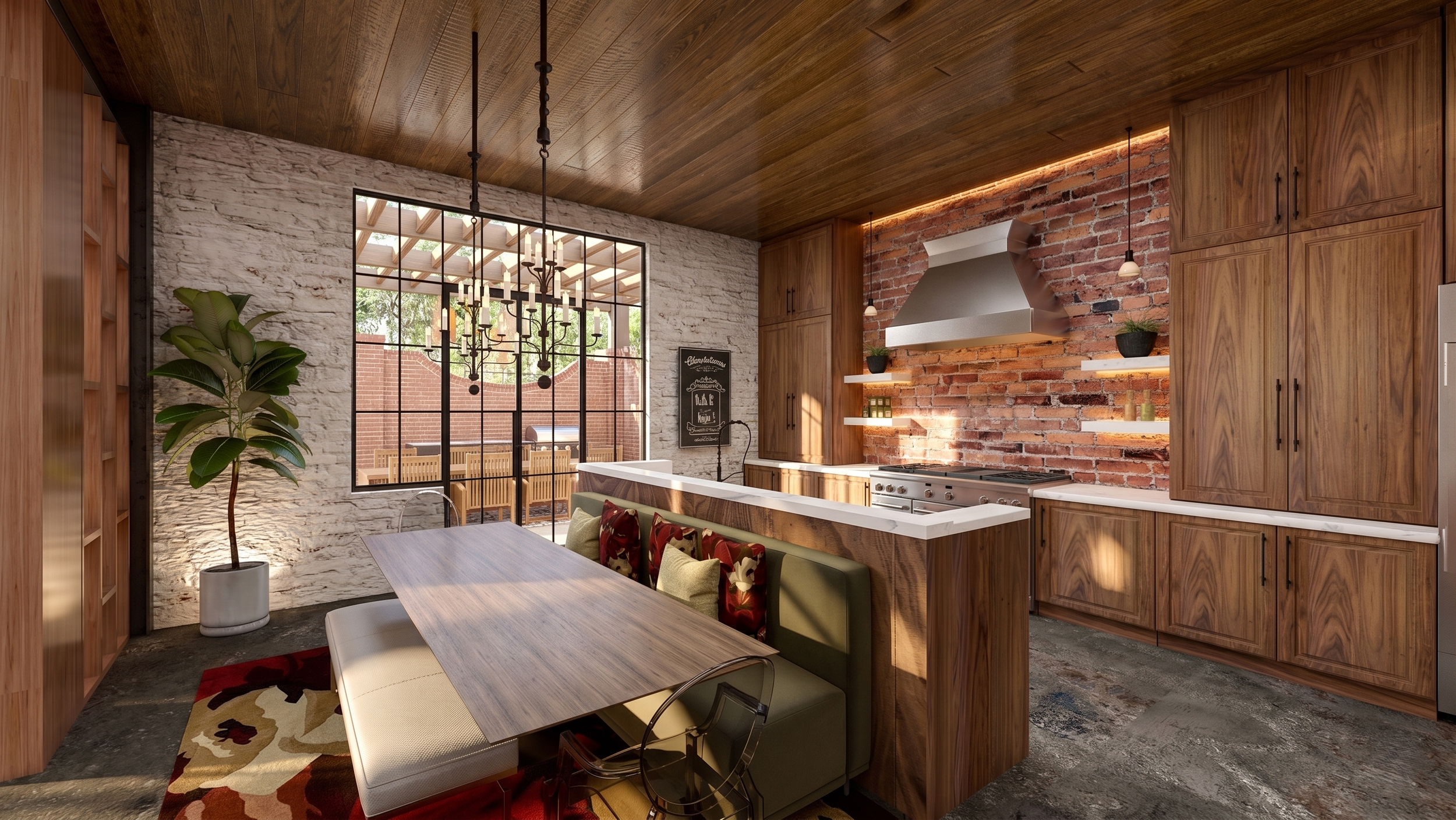Modern kitchen with brick and white stone walls, wooden cabinets, a stainless steel range hood, and a large window with a chandelier outside. There is a dining table with chairs and a potted plant.