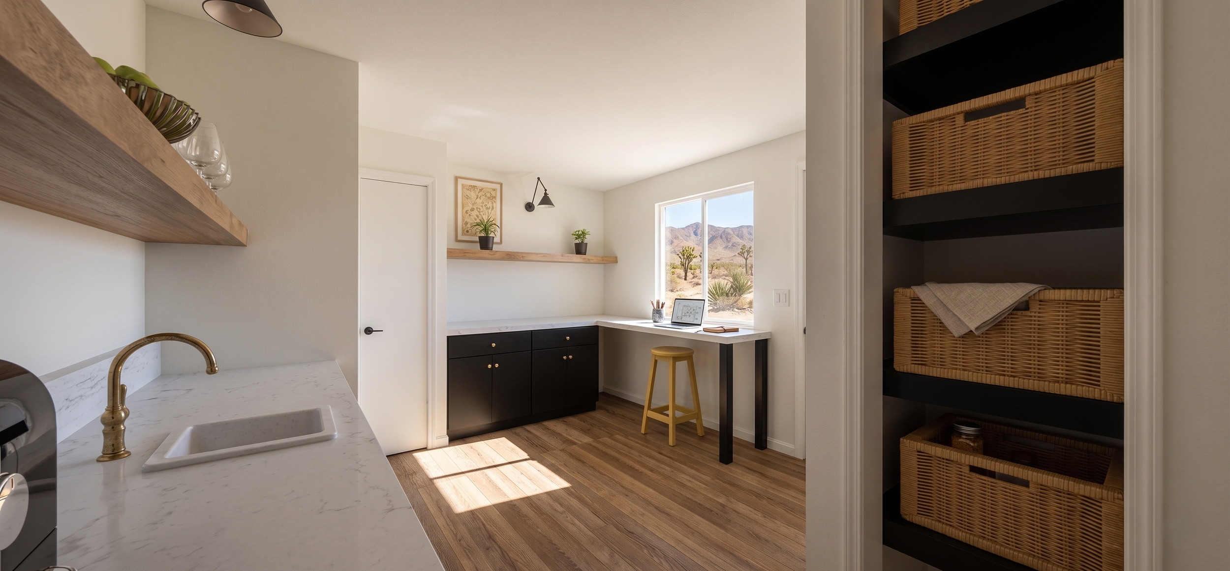 Interior of a modern kitchen with a white marble countertop, brass faucet, black cabinets, a window showing a desert landscape, and woven baskets on shelves.