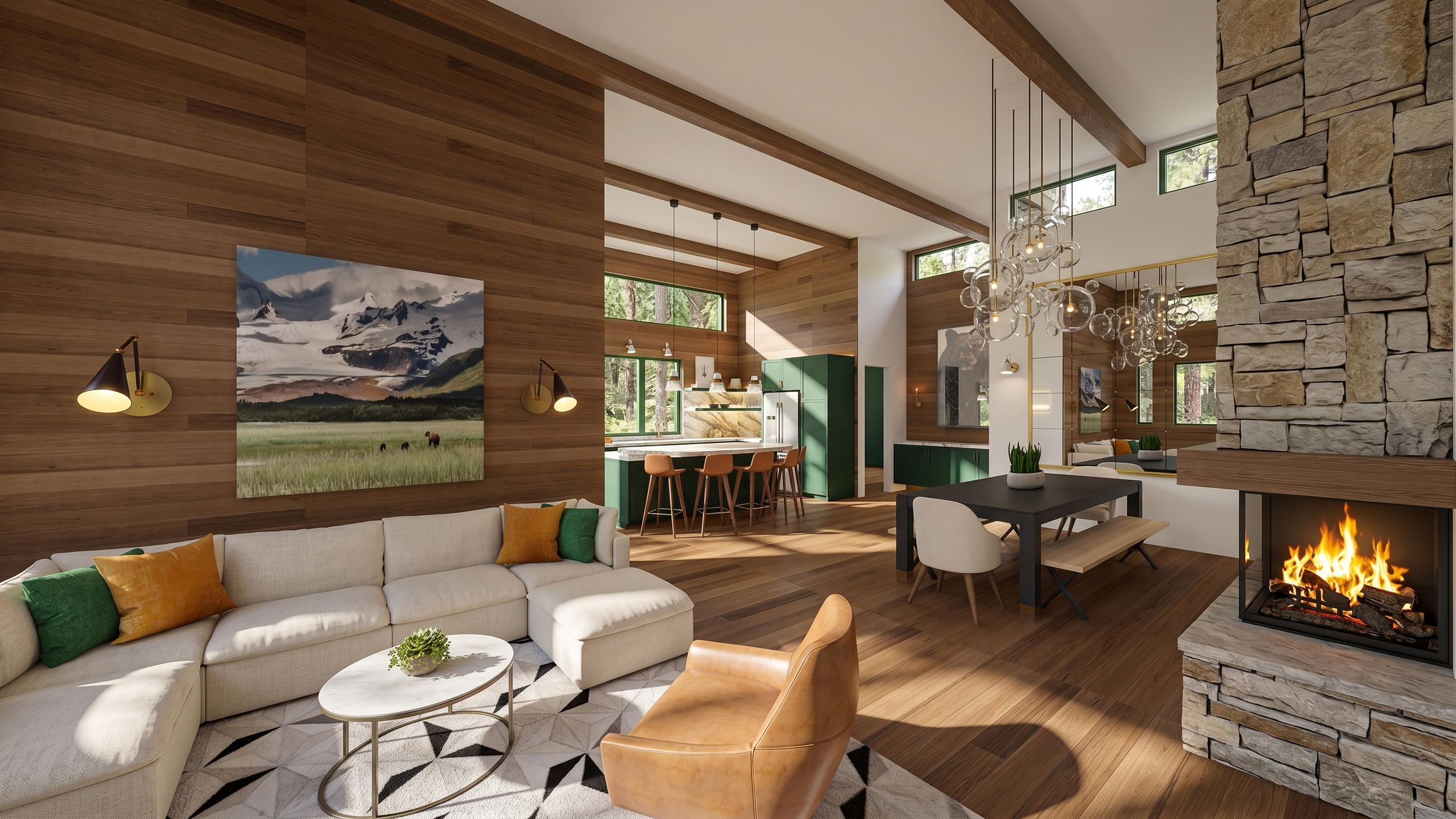 Interior of a modern living room with wooden walls and high ceilings, a cream sectional sofa with colorful pillows, a stone fireplace, hanging glass light fixtures, large windows letting in natural light, and a view of a wooded outdoor area.