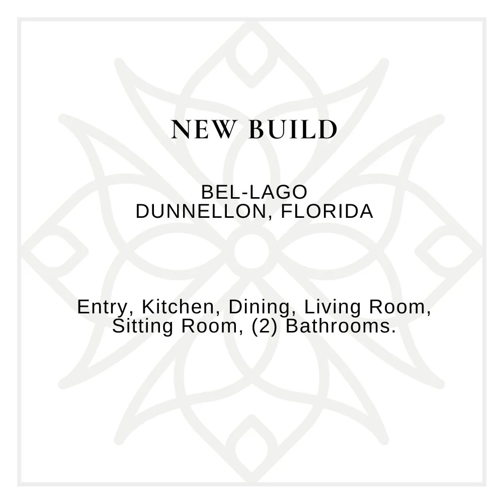 Information about a new build in Bel-Lago, Dunnellon, Florida, including entry, kitchen, dining, living room, sitting room, and two bathrooms.