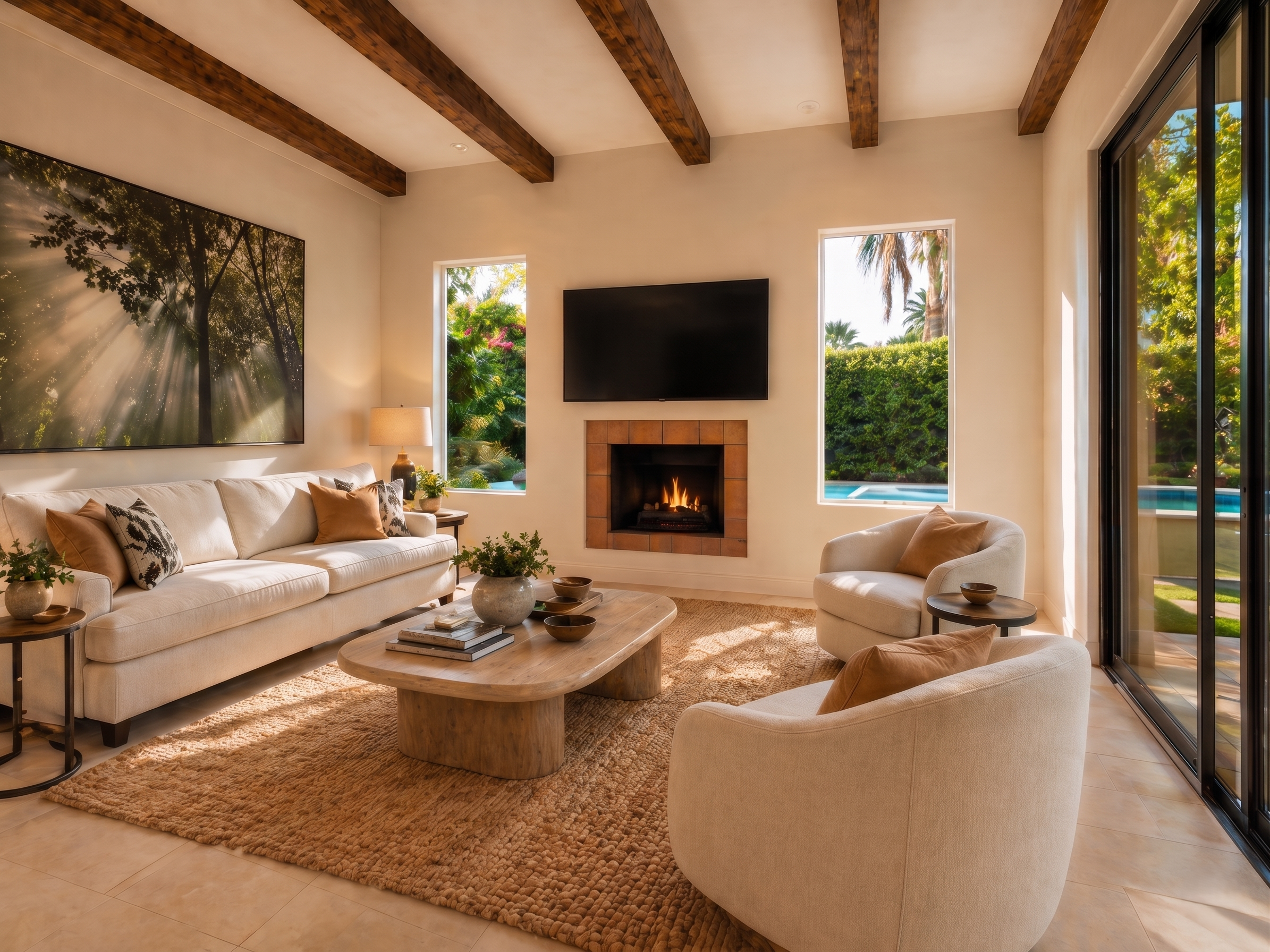 Living room with a white sofa and armchair, wooden coffee table, fireplace, large windows showing greenery and a pool outside, wall art depicting trees and sunlight.