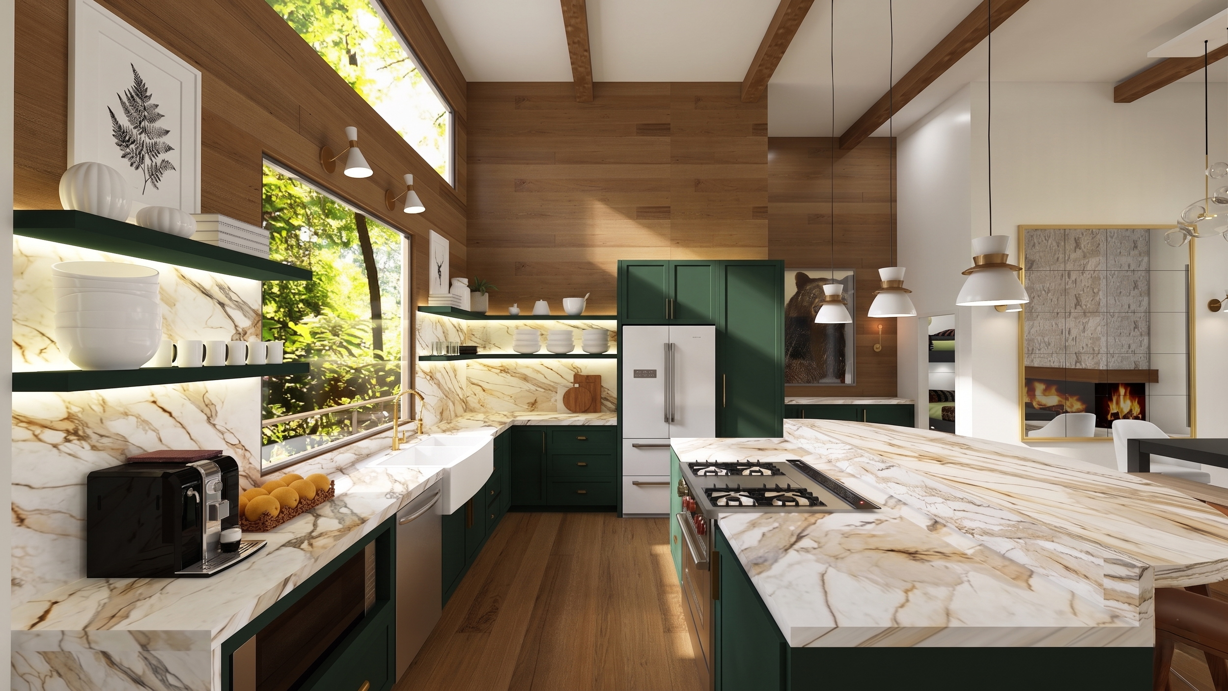 Modern kitchen with green cabinetry, white marble countertops, wooden ceiling beams, large windows showing outdoor greenery, and a fireplace in the background.